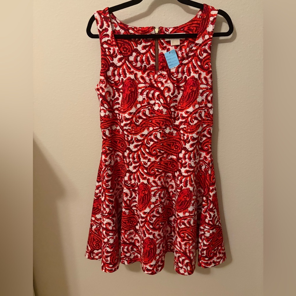 Michael Kors Red and White Paisley Sleeveless Fit & Flare Dress